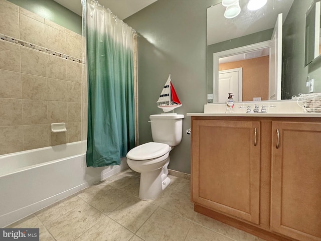 full bath with tile patterned flooring, baseboards, toilet, shower / bath combo, and vanity