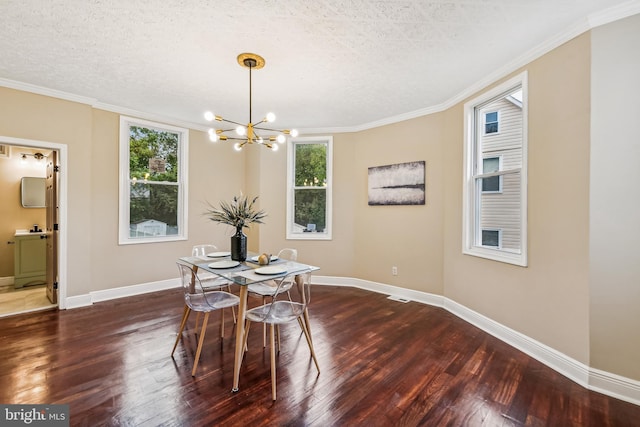 dining room featuring ornamental molding, dark wood-type flooring, and a textured ceiling