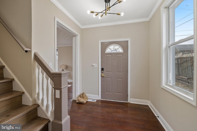 foyer entrance with dark hardwood / wood-style floors, a chandelier, and ornamental molding