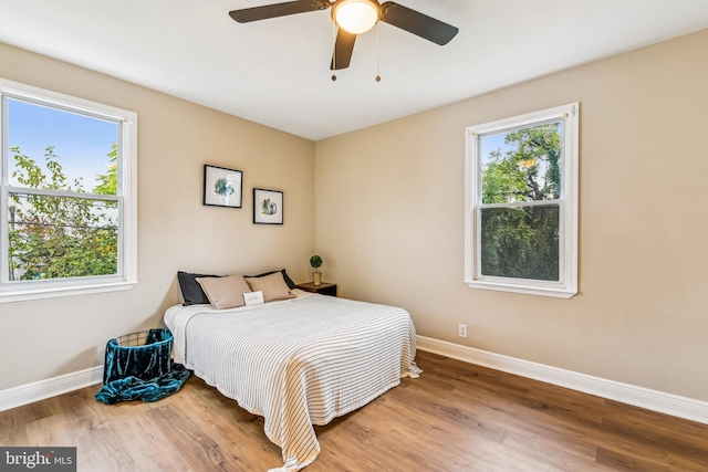 bedroom featuring multiple windows, wood-type flooring, and ceiling fan