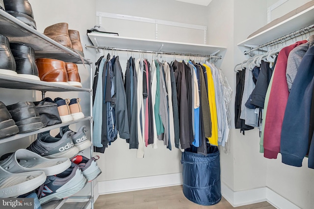 walk in closet with wood finished floors