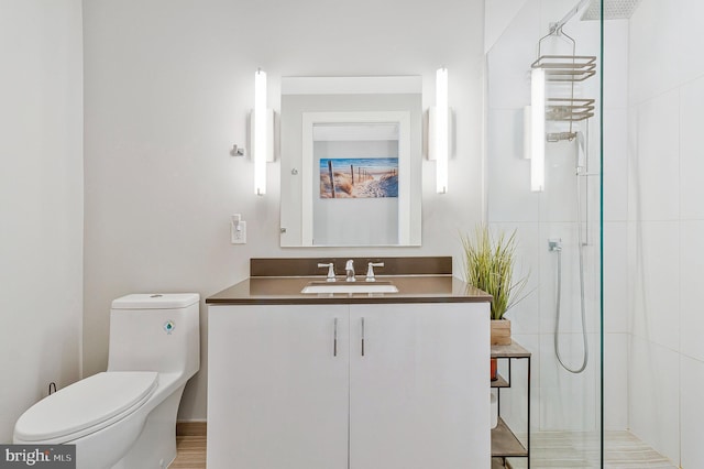 full bathroom featuring toilet, a walk in shower, and vanity