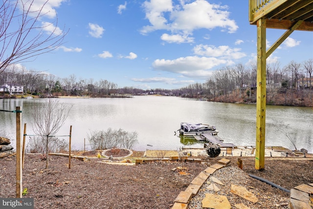 view of yard featuring a water view and a boat dock