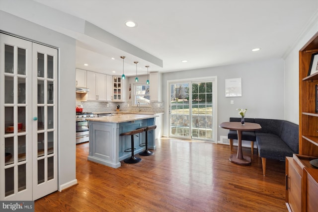 kitchen with dark wood finished floors, backsplash, glass insert cabinets, white cabinets, and stainless steel range with gas stovetop