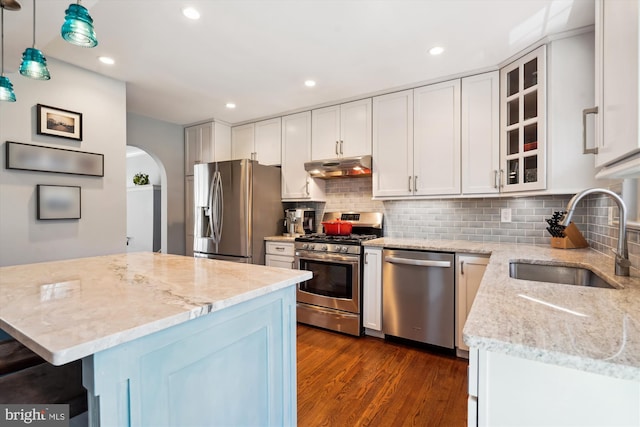 kitchen featuring arched walkways, under cabinet range hood, dark wood-type flooring, a sink, and appliances with stainless steel finishes