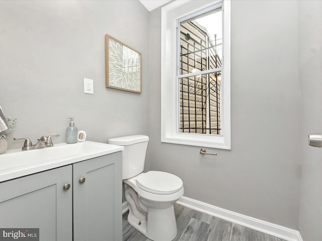 bathroom featuring vanity, wood-type flooring, and toilet