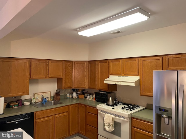 kitchen with white range with gas cooktop, sink, black dishwasher, and stainless steel refrigerator with ice dispenser