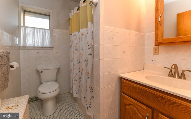 bathroom featuring tile walls, tile patterned flooring, toilet, and walk in shower