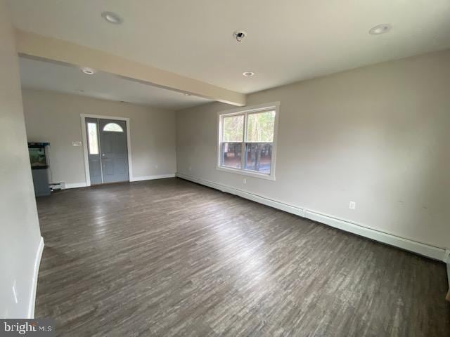 interior space with dark wood-style floors, beam ceiling, and baseboards