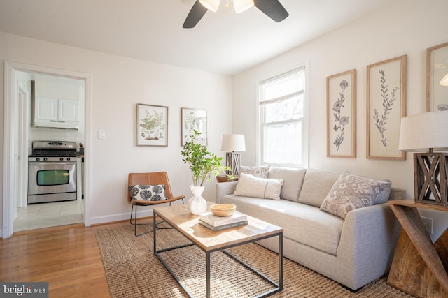 living room with ceiling fan and light hardwood / wood-style flooring