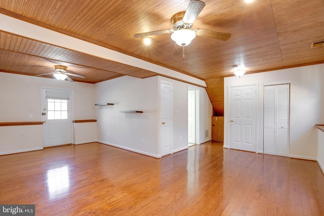 unfurnished room with light hardwood / wood-style floors, crown molding, wooden ceiling, and ceiling fan