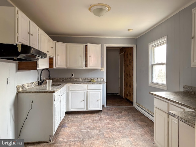 kitchen with white cabinetry, a sink, and under cabinet range hood