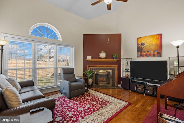 living room featuring hardwood / wood-style flooring, ceiling fan, and high vaulted ceiling