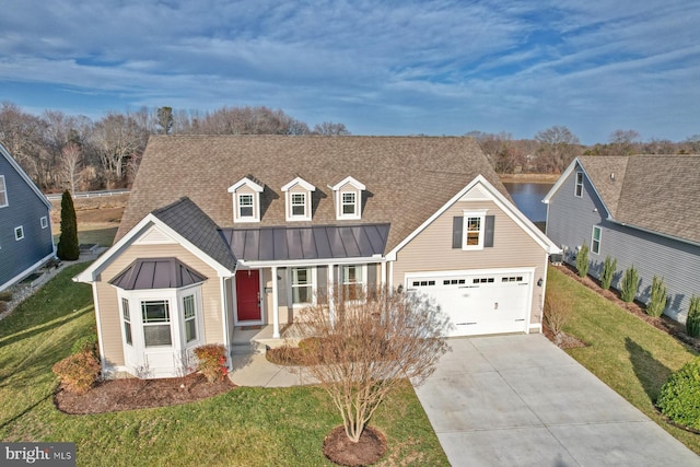 view of front of home featuring a porch, a garage, and a front yard