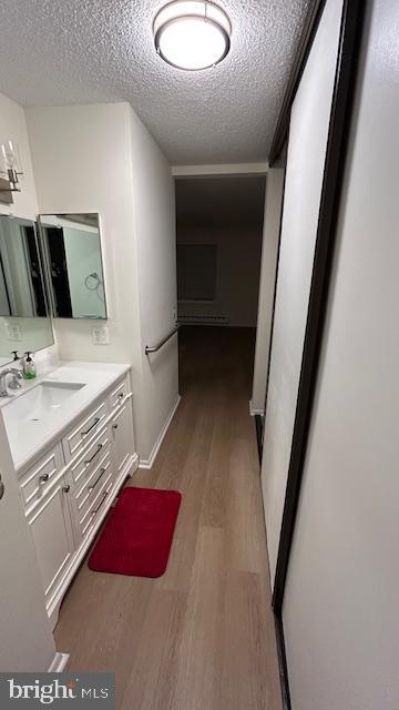 bathroom with vanity, hardwood / wood-style flooring, and a textured ceiling