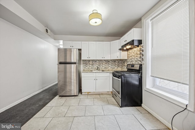 kitchen featuring under cabinet range hood, white cabinetry, appliances with stainless steel finishes, and decorative backsplash