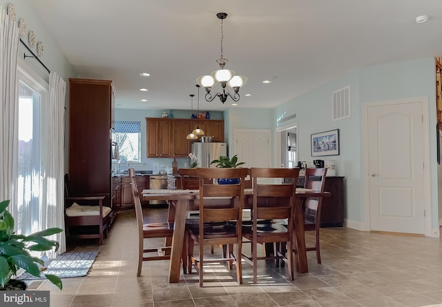 23534 Belmar Dr, Leonardtown, MD 20650 - dining room with visible vents, an inviting chandelier, baseboards, recessed lighting, and light tile patterned floors