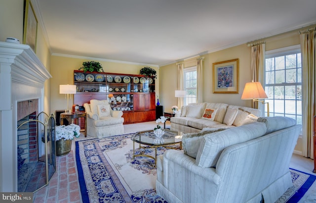 living room featuring ornamental molding, a brick fireplace, brick floor, and plenty of natural light