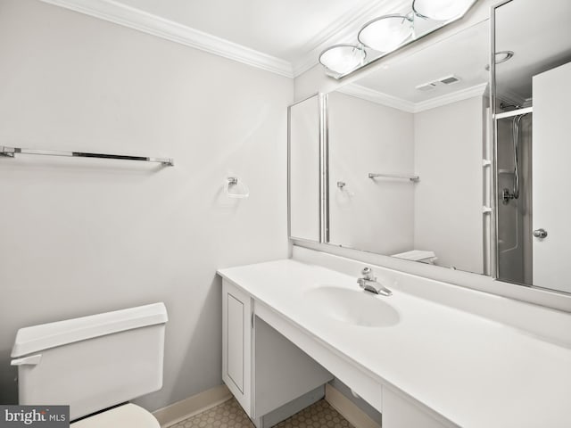 bathroom featuring crown molding, visible vents, toilet, a shower with shower door, and vanity