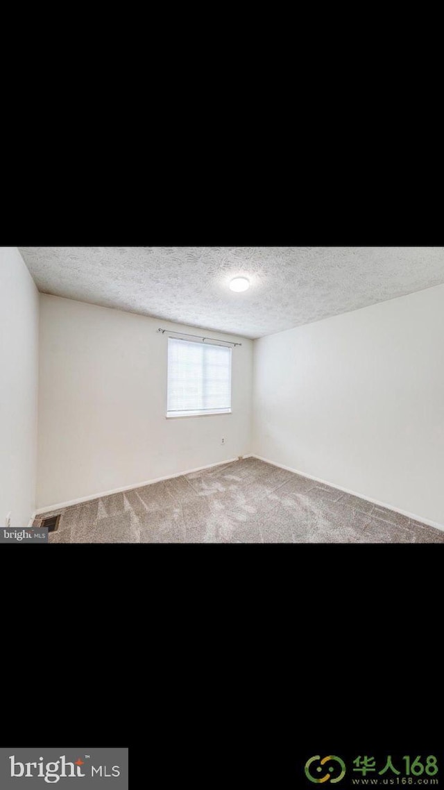 spare room with a textured ceiling and carpet