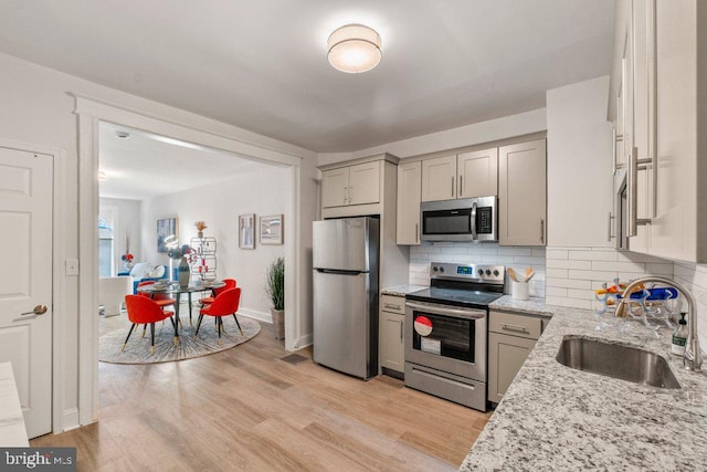 kitchen with sink, stainless steel appliances, light stone counters, decorative backsplash, and light wood-type flooring