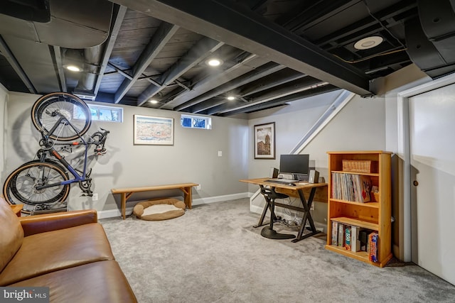 office space featuring carpet and baseboards