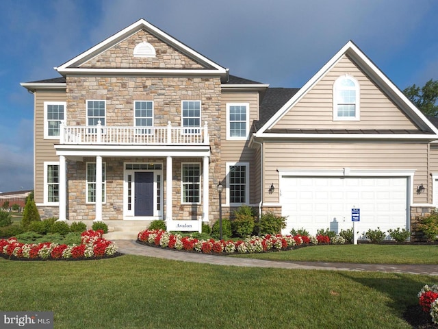 view of front of home with covered porch, an attached garage, a balcony, and a front lawn