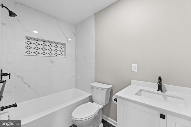 bathroom featuring toilet, bathtub / shower combination, vanity, and baseboards