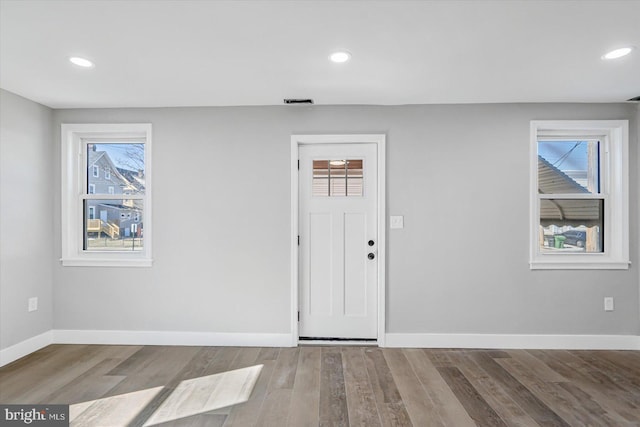 entryway featuring plenty of natural light and light hardwood / wood-style flooring