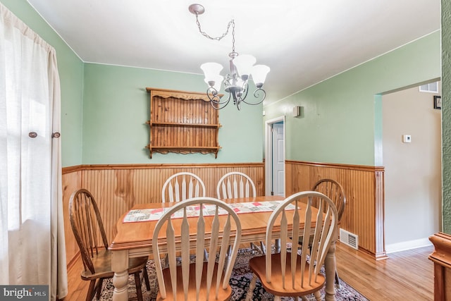 dining space with wooden walls, a notable chandelier, wood finished floors, visible vents, and wainscoting