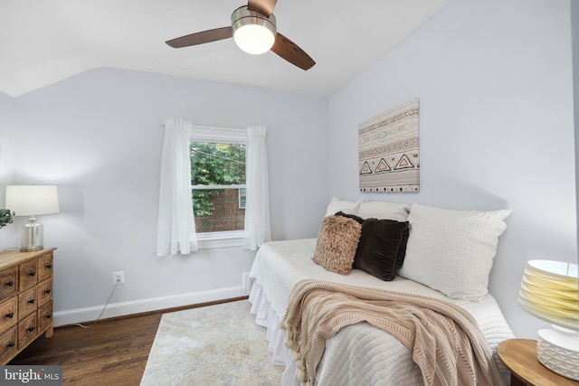 507 Janneys Ln, Alexandria, VA 22302 - bedroom featuring dark wood-style flooring, lofted ceiling, baseboards, and ceiling fan
