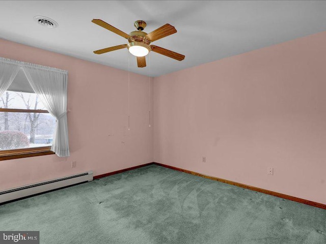 unfurnished room featuring a baseboard radiator, visible vents, light carpet, ceiling fan, and baseboards