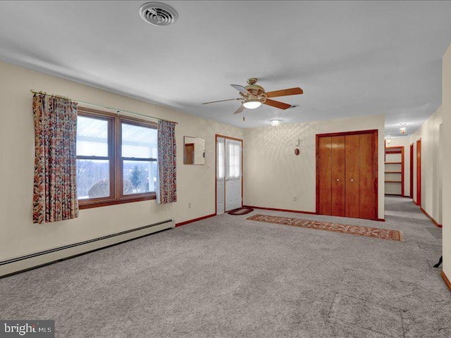 empty room with ceiling fan, a baseboard heating unit, light carpet, visible vents, and baseboards