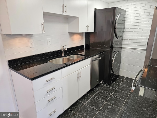 kitchen with range with electric cooktop, dishwasher, white cabinets, backsplash, and sink