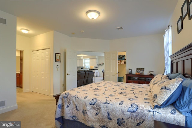 bedroom featuring a closet and light colored carpet