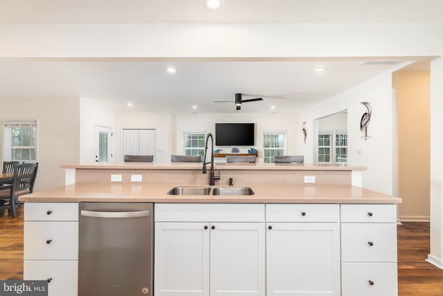 kitchen featuring white cabinets, dishwasher, open floor plan, a healthy amount of sunlight, and a sink