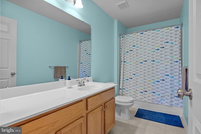 full bath featuring visible vents, toilet, tile patterned floors, shower / bathtub combination with curtain, and vanity