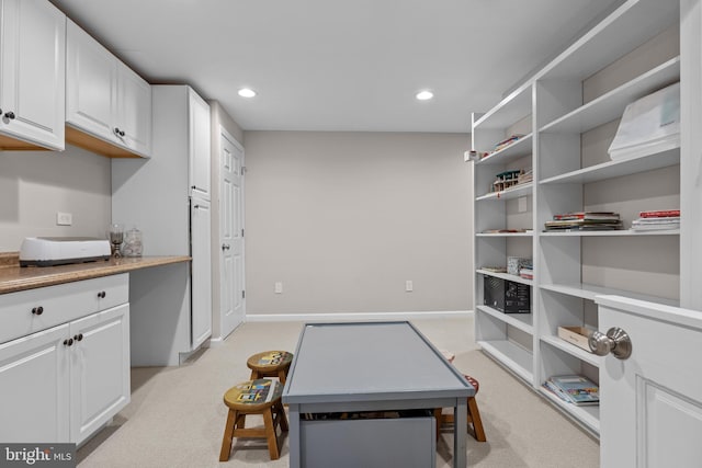 playroom with recessed lighting, baseboards, and light colored carpet