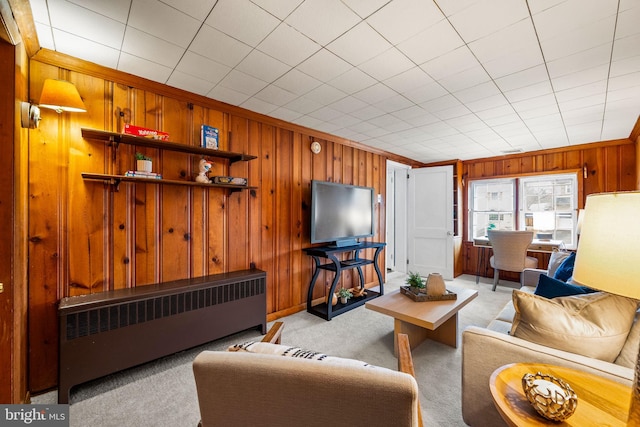 living room with light colored carpet, wood walls, and radiator heating unit