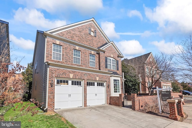 view of front of property with a garage, driveway, brick siding, and fence