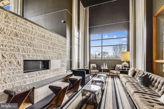 living room featuring a towering ceiling