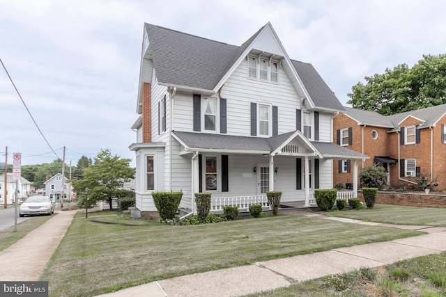 view of front facade with a front yard and covered porch