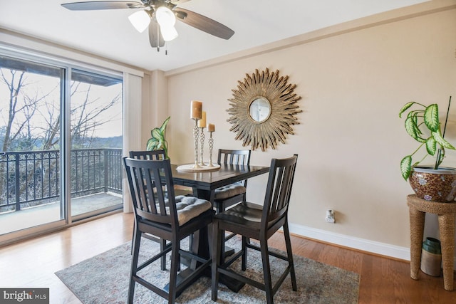 dining room with ceiling fan and wood-type flooring