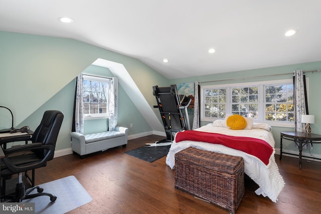 bedroom with lofted ceiling and dark wood-type flooring