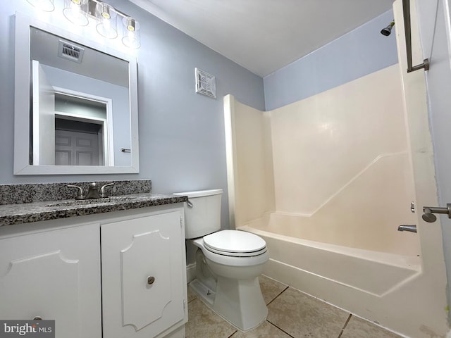 full bath featuring visible vents, toilet, vanity, shower / tub combination, and tile patterned floors