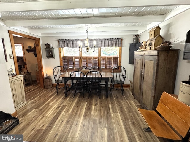 dining room featuring dark hardwood / wood-style flooring, beam ceiling, wooden ceiling, and an inviting chandelier