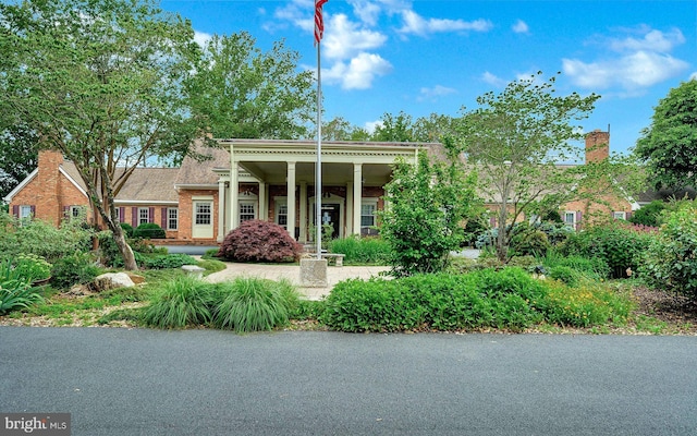 neoclassical home with brick siding