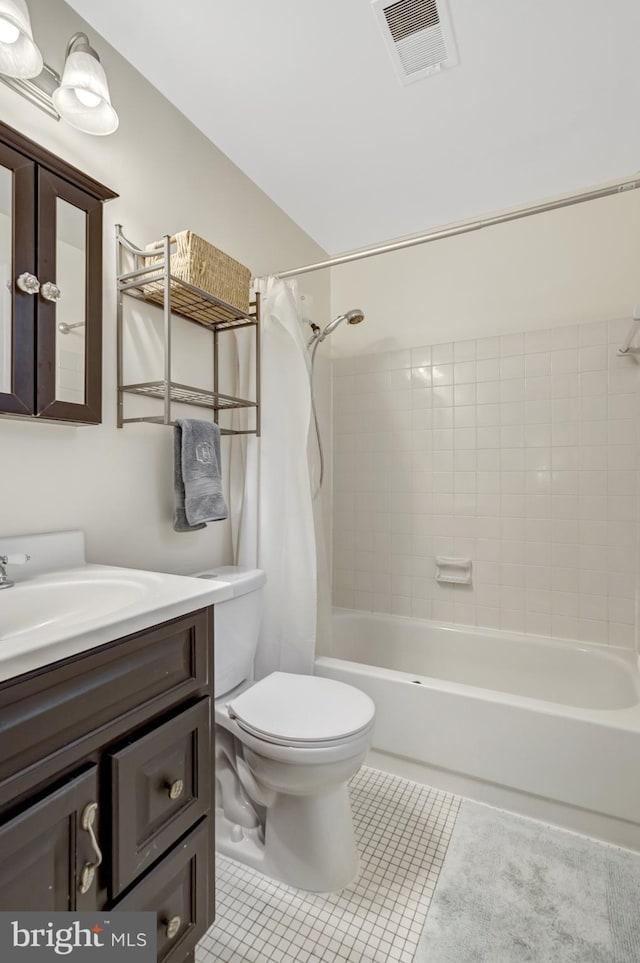 full bath featuring visible vents, shower / bathtub combination with curtain, toilet, vanity, and tile patterned floors