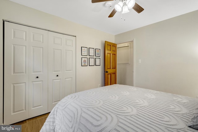 bedroom with a closet, ceiling fan, and wood finished floors