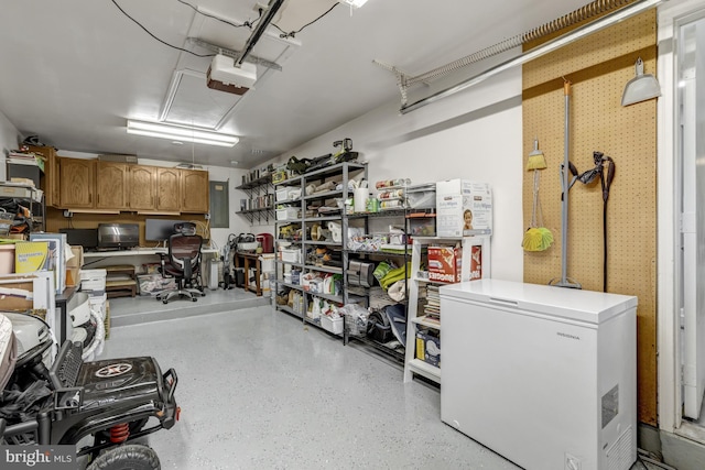 storage area with a garage and electric panel